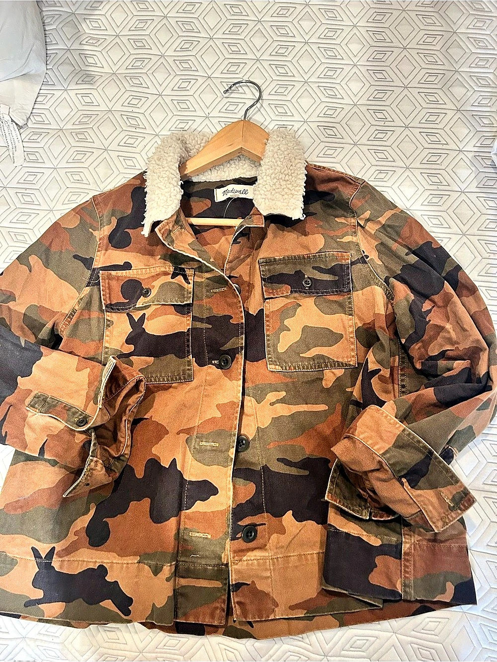 Madewell Sherpa-Lined Jacket Camo Sherpa Jacket in Brown & Green Size Small NWT